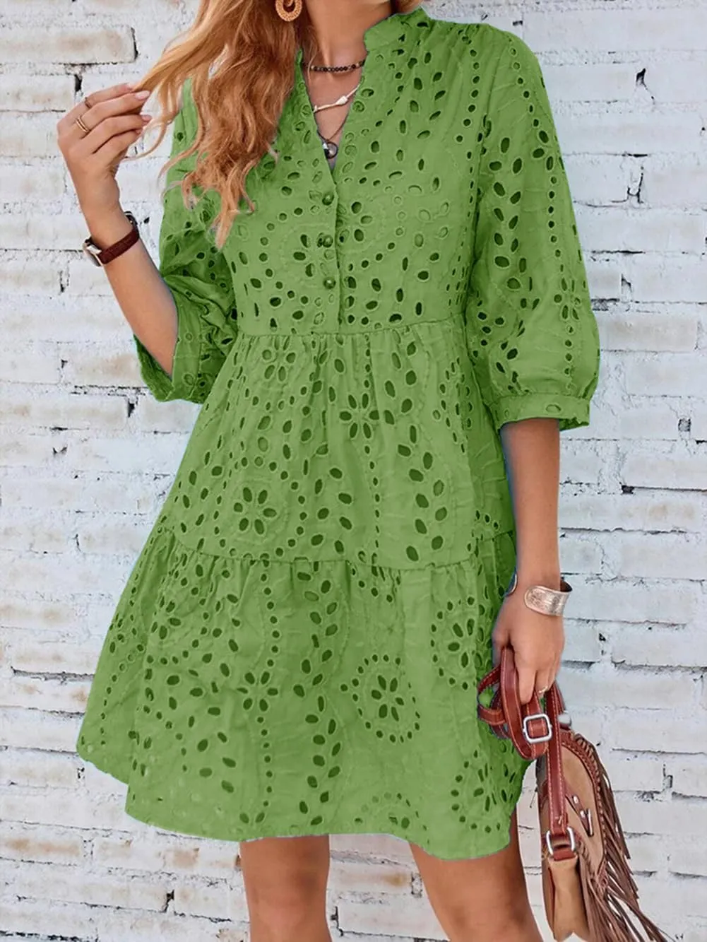 utcoco Women's 2025 Eyelet Lace Midi Dress V Neck Puff 3/4 Sleeve Button Tiered Sexy A Line Sun Dress