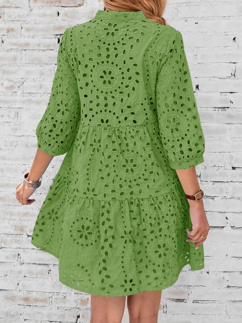 utcoco Women's 2025 Eyelet Lace Midi Dress V Neck Puff 3/4 Sleeve Button Tiered Sexy A Line Sun Dress