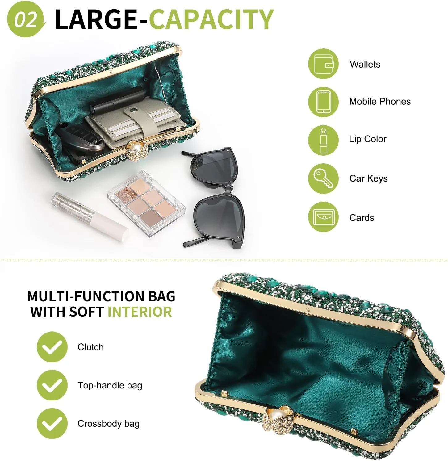 uxcell Evening Bags for Women, Sparkly Crystal Rhinestone Clutch Purse with 2 Chain Straps Handbags for Wedding Party Evening Weekend, Green