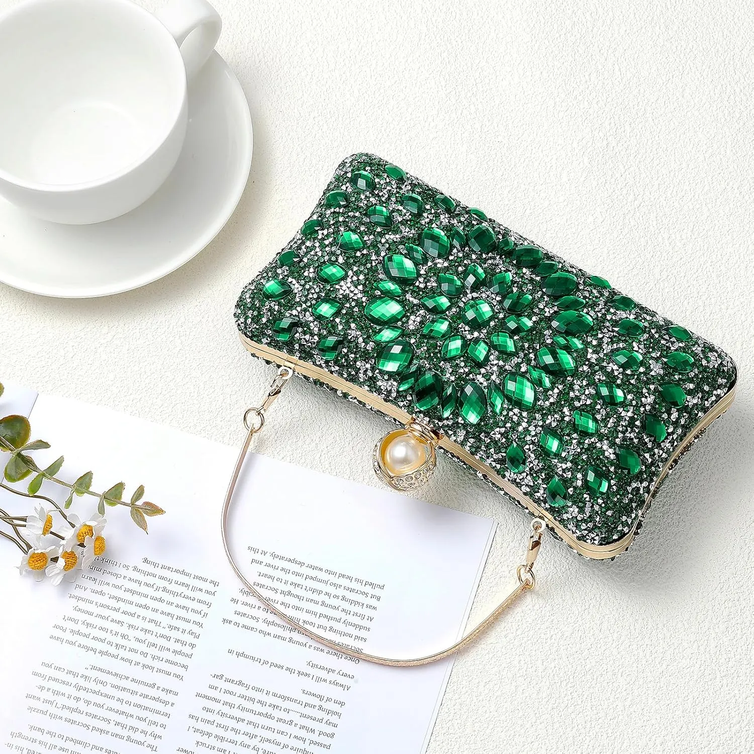 uxcell Evening Bags for Women, Sparkly Crystal Rhinestone Clutch Purse with 2 Chain Straps Handbags for Wedding Party Evening Weekend, Green