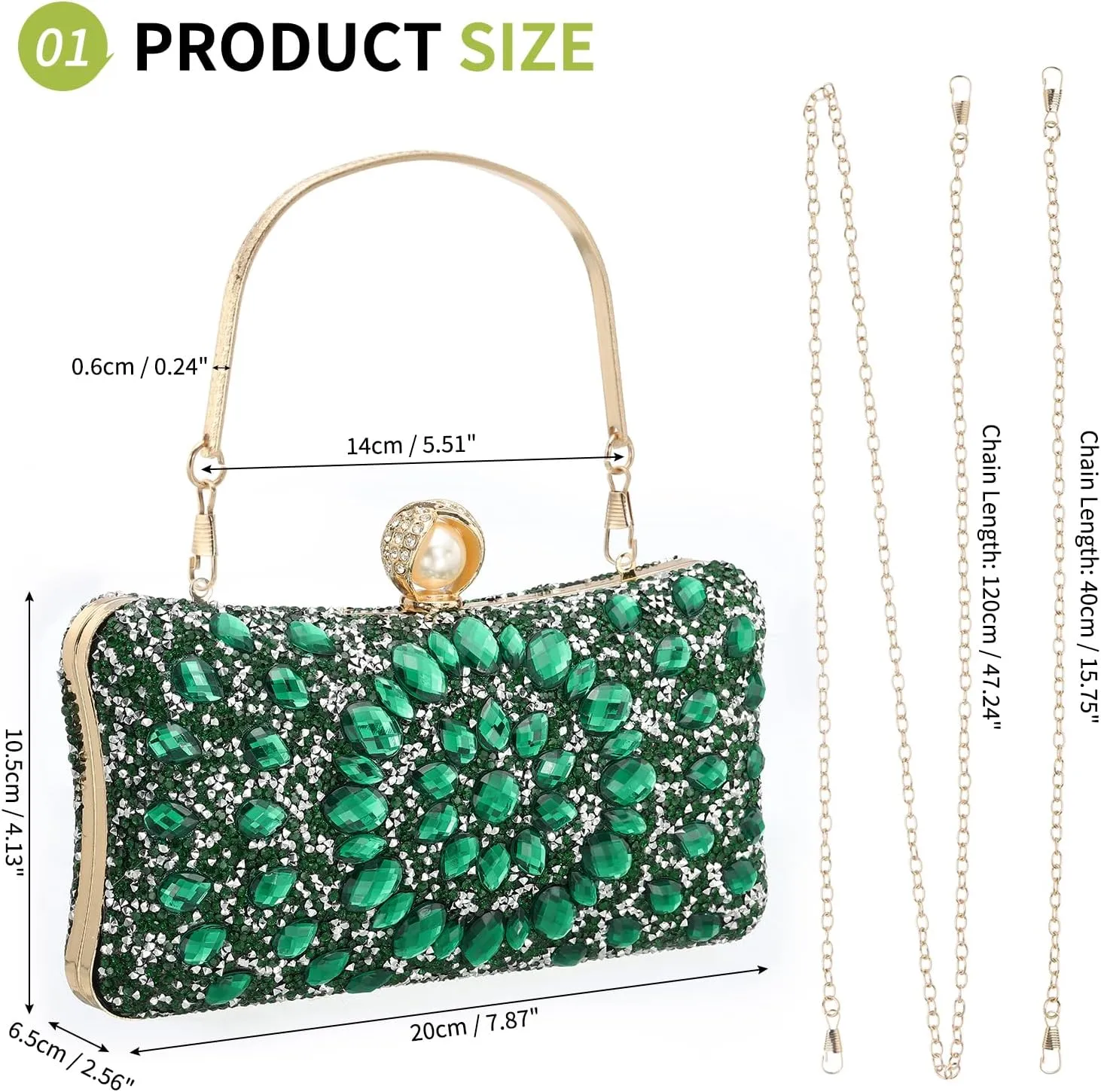 uxcell Evening Bags for Women, Sparkly Crystal Rhinestone Clutch Purse with 2 Chain Straps Handbags for Wedding Party Evening Weekend, Green