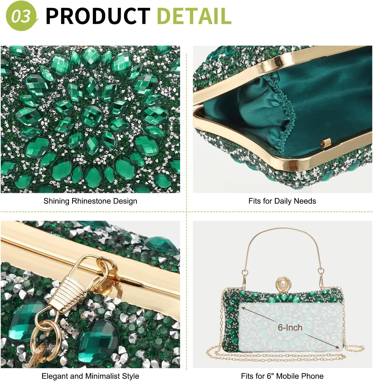 uxcell Evening Bags for Women, Sparkly Crystal Rhinestone Clutch Purse with 2 Chain Straps Handbags for Wedding Party Evening Weekend, Green