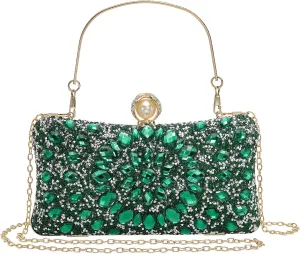 uxcell Evening Bags for Women, Sparkly Crystal Rhinestone Clutch Purse with 2 Chain Straps Handbags for Wedding Party Evening Weekend, Green