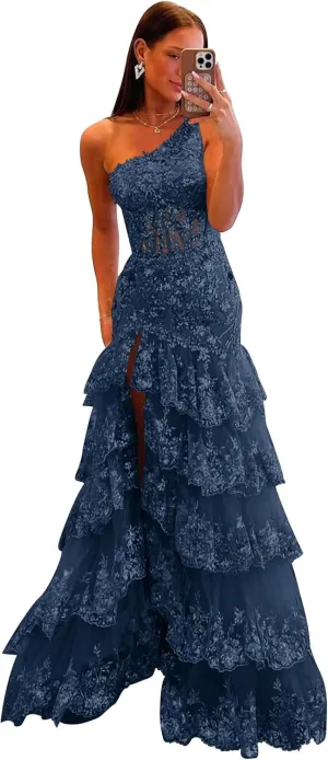 UZN One Shoulder Tiered Lace Tulle Prom Dress Long Split Mermaid Evening Formal Party Gowns