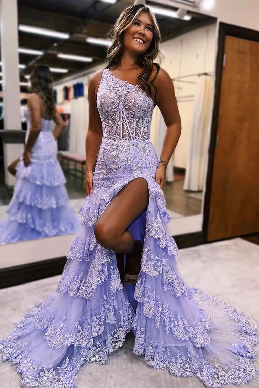 UZN One Shoulder Tiered Lace Tulle Prom Dress Long Split Mermaid Evening Formal Party Gowns