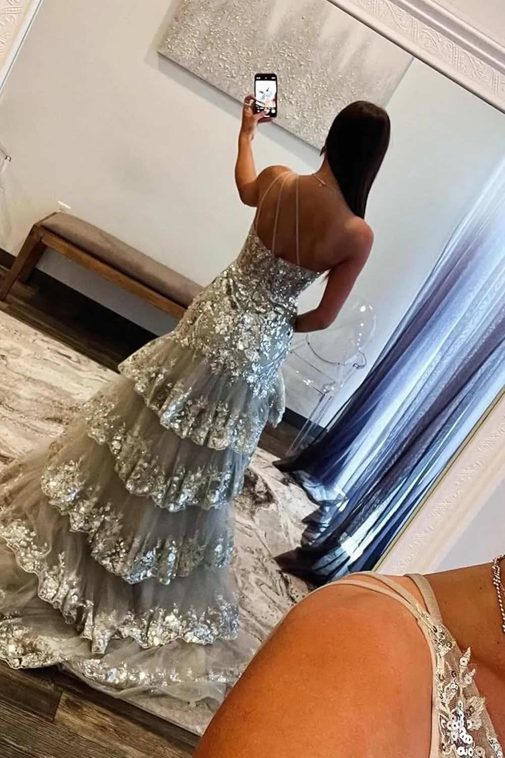 UZN One Shoulder Tiered Lace Tulle Prom Dress Long Split Mermaid Evening Formal Party Gowns
