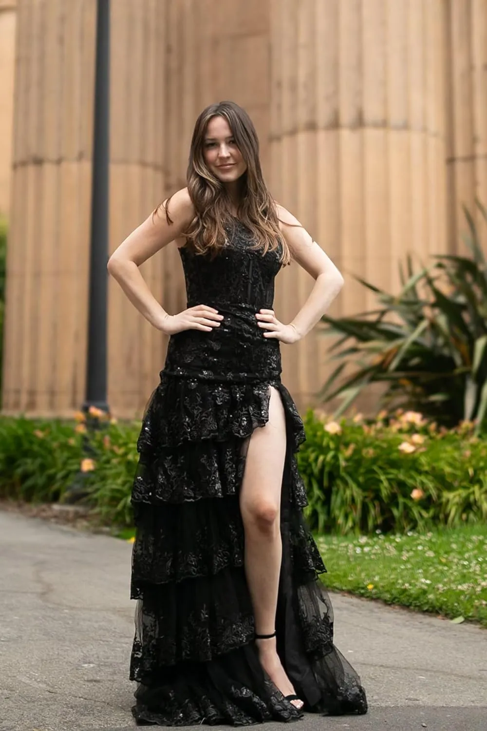 UZN One Shoulder Tiered Lace Tulle Prom Dress Long Split Mermaid Evening Formal Party Gowns