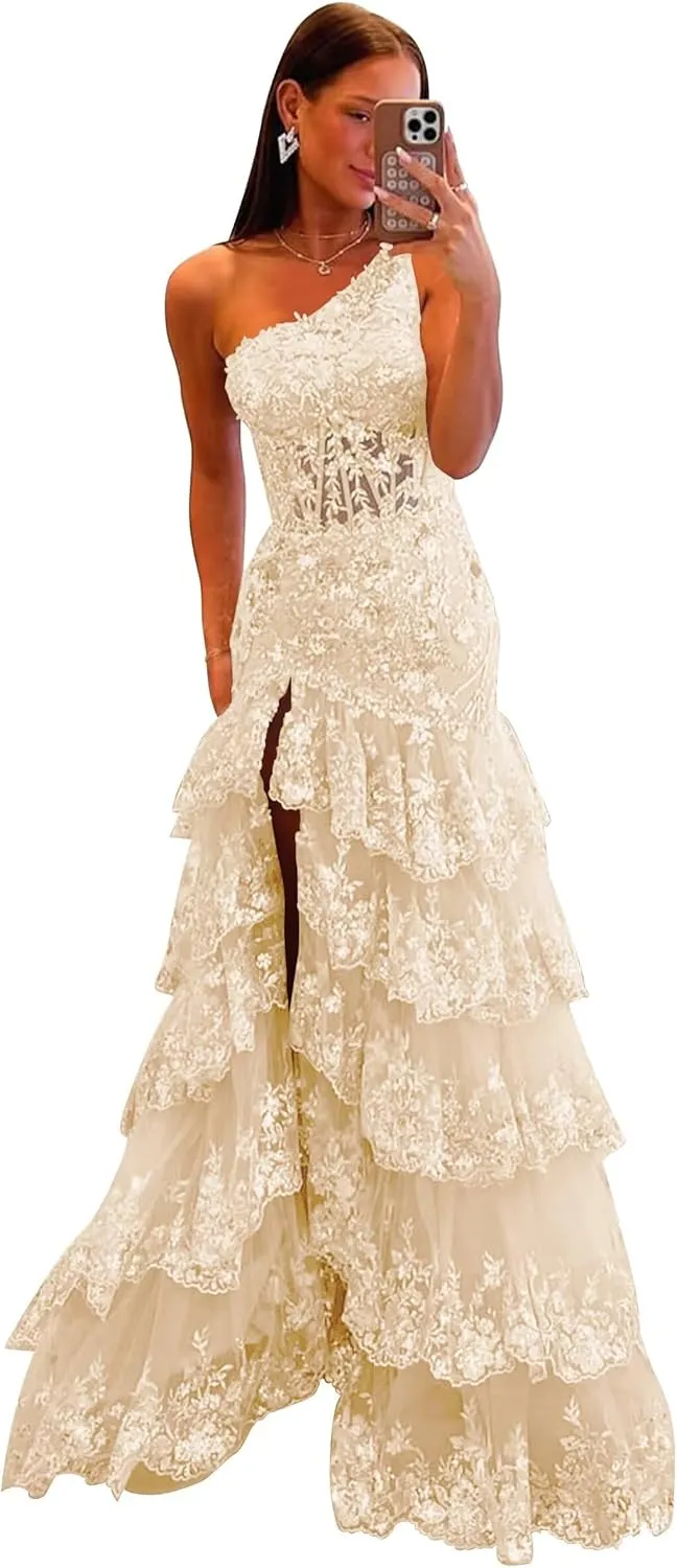 UZN One Shoulder Tiered Lace Tulle Prom Dress Long Split Mermaid Evening Formal Party Gowns