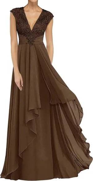 V Neck Mother of The Bride Dresses Long Chiffon Prom Dress for Wedding Lace Appliques Formal Evening Gown Plus Size