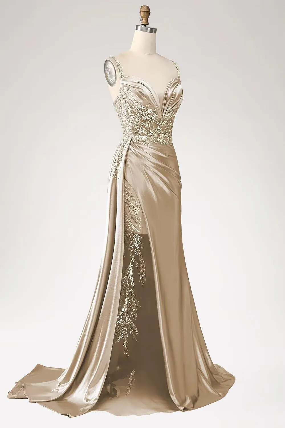 V Neck Satin Prom Dresses Long Mermaid Lace Evening Gown with Slit Pleated Bodycon Formal Dress with Tail