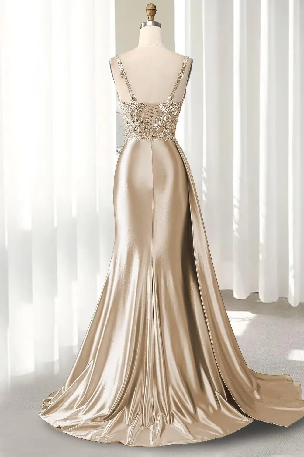 V Neck Satin Prom Dresses Long Mermaid Lace Evening Gown with Slit Pleated Bodycon Formal Dress with Tail