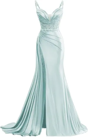 V Neck Satin Prom Dresses Long Mermaid Lace Evening Gown with Slit Pleated Bodycon Formal Dress with Tail