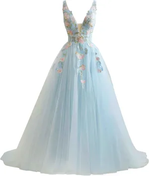 V Neck Tulle Prom Dresses 2025 Floral Embroidery Applique Ball Gown Quinceanera Dresses