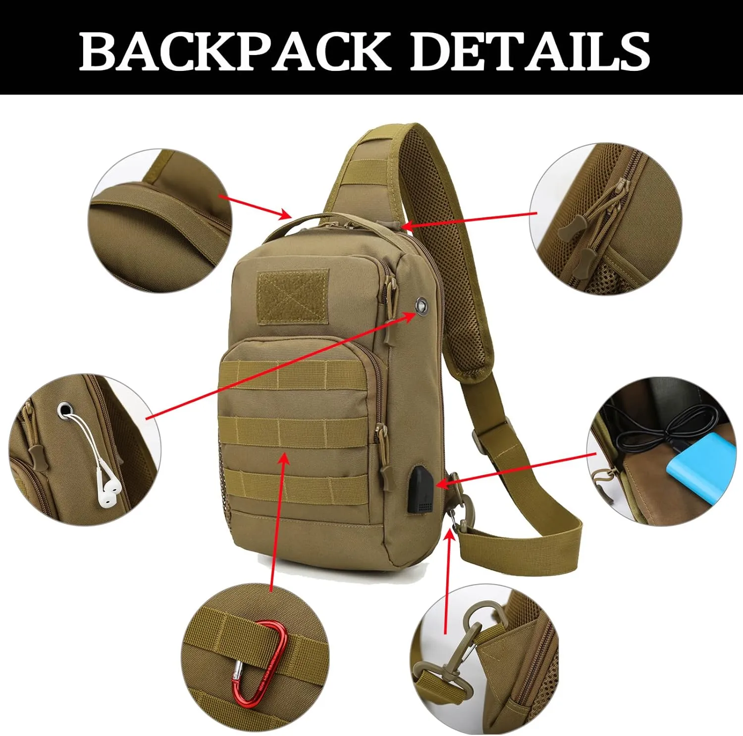 Valinov Tactical Shoulder Bag,Molle Shoulder Backpacks,Military Sling Daypack Backpack with USB Charging port