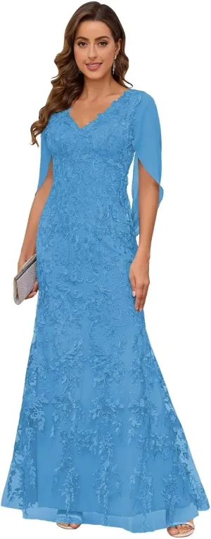 VCCICANY Lace Mermaid Mother of The Bride Dresses for Wedding V Neck Long Formal Evening Gown with Cape Sleeves