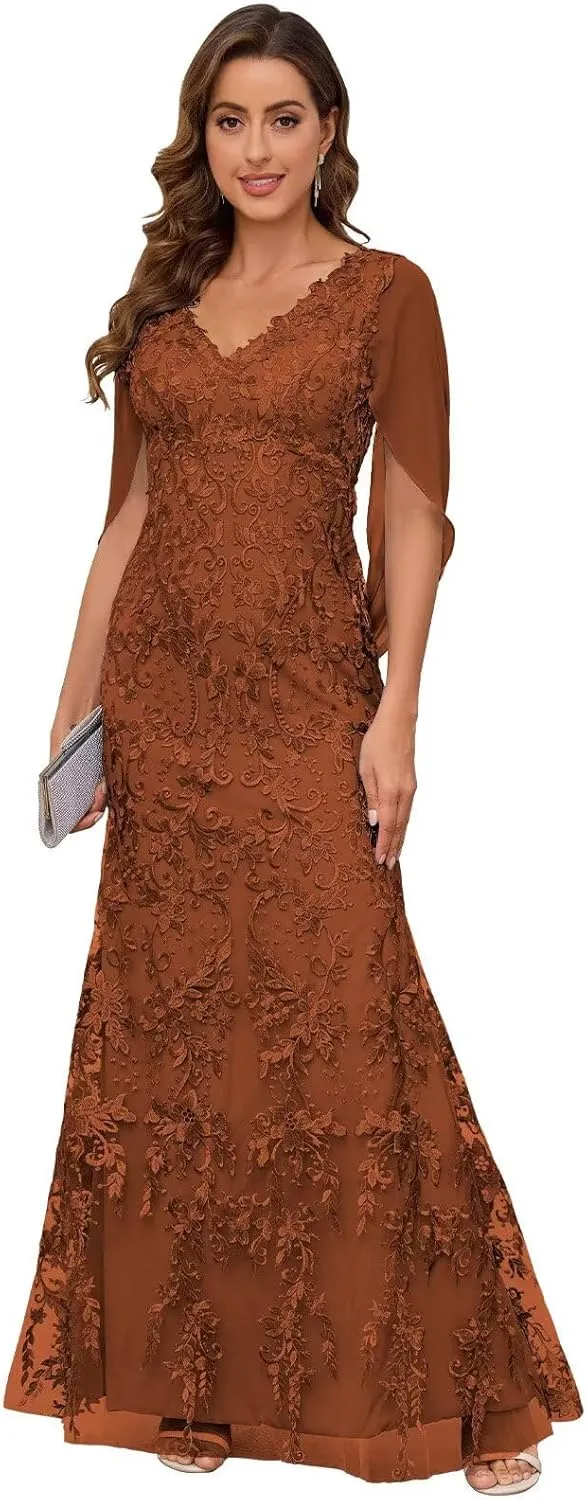 VCCICANY Lace Mermaid Mother of The Bride Dresses for Wedding V Neck Long Formal Evening Gown with Cape Sleeves