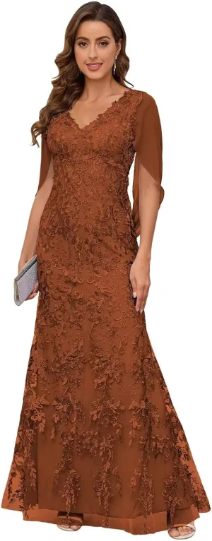 VCCICANY Lace Mermaid Mother of The Bride Dresses for Wedding V Neck Long Formal Evening Gown with Cape Sleeves