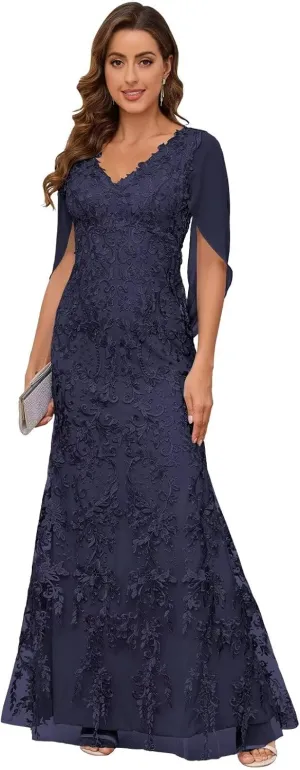 VCCICANY Lace Mermaid Mother of The Bride Dresses for Wedding V Neck Long Formal Evening Gown with Cape Sleeves