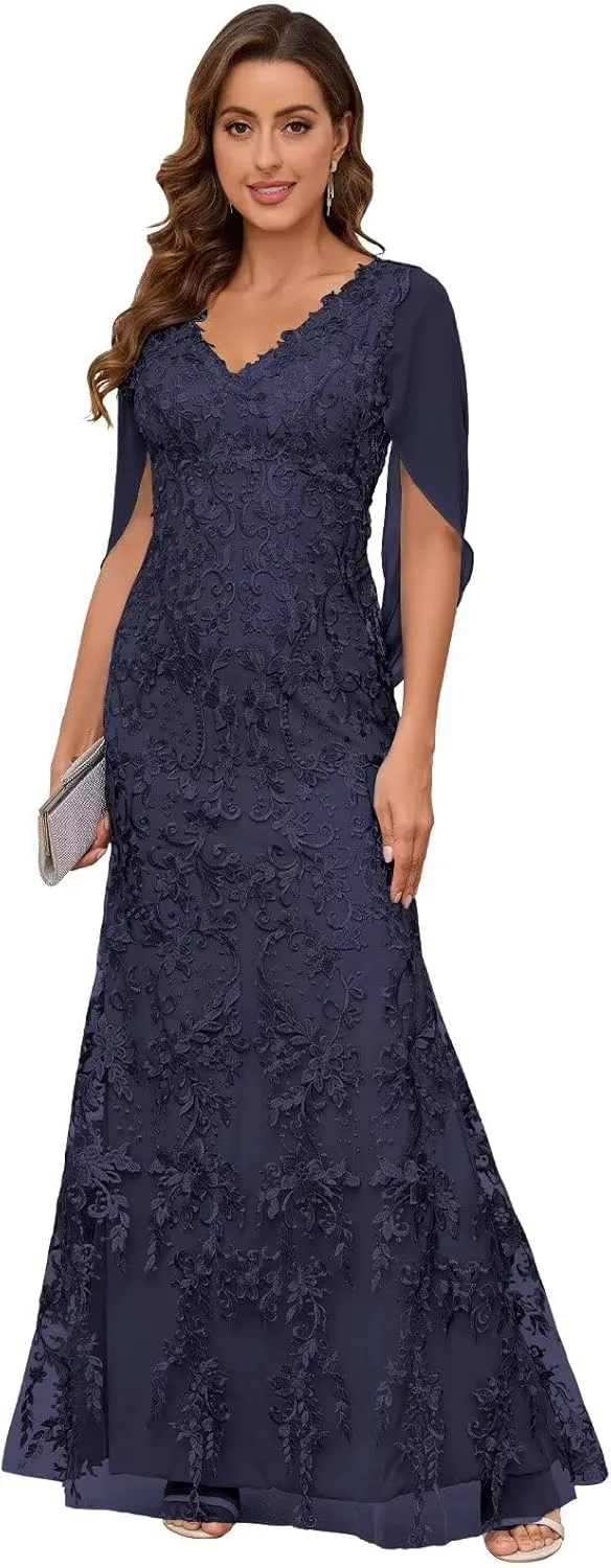 VCCICANY Lace Mermaid Mother of The Bride Dresses for Wedding V Neck Long Formal Evening Gown with Cape Sleeves