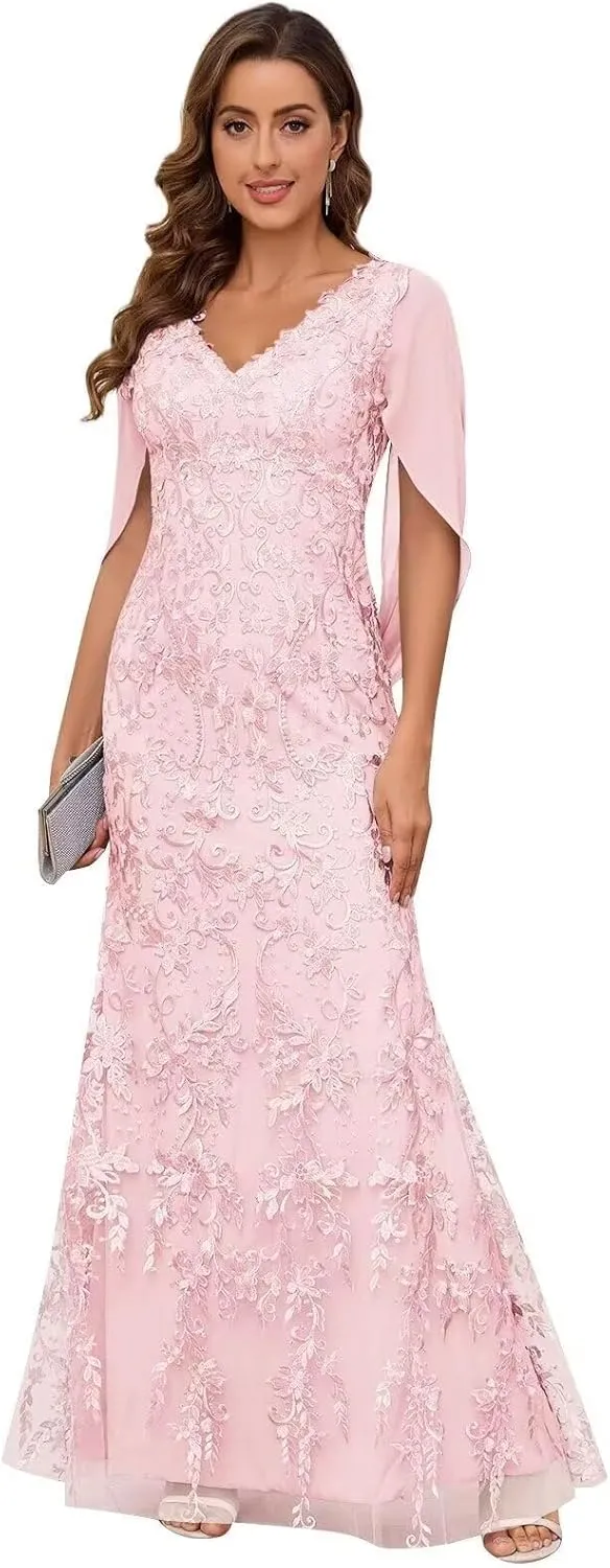 VCCICANY Lace Mermaid Mother of The Bride Dresses for Wedding V Neck Long Formal Evening Gown with Cape Sleeves