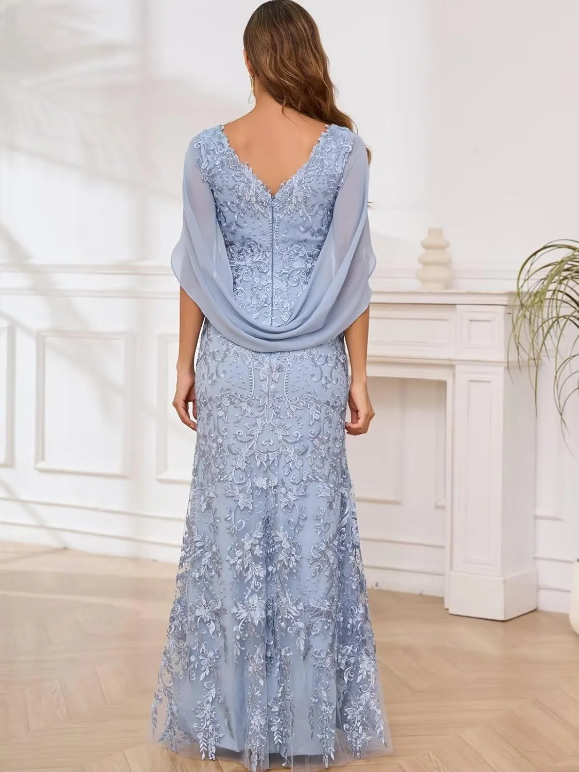 VCCICANY Lace Mermaid Mother of The Bride Dresses for Wedding V Neck Long Formal Evening Gown with Cape Sleeves
