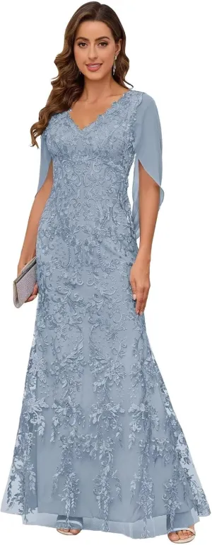 VCCICANY Lace Mermaid Mother of The Bride Dresses for Wedding V Neck Long Formal Evening Gown with Cape Sleeves