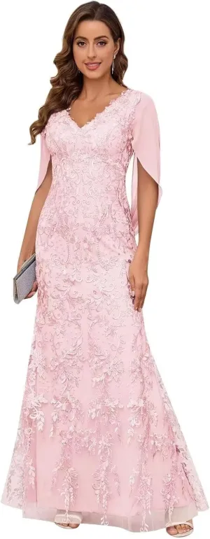 VCCICANY Lace Mermaid Mother of The Bride Dresses for Wedding V Neck Long Formal Evening Gown with Cape Sleeves