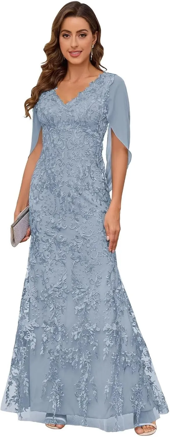 VCCICANY Lace Mermaid Mother of The Bride Dresses for Wedding V Neck Long Formal Evening Gown with Cape Sleeves