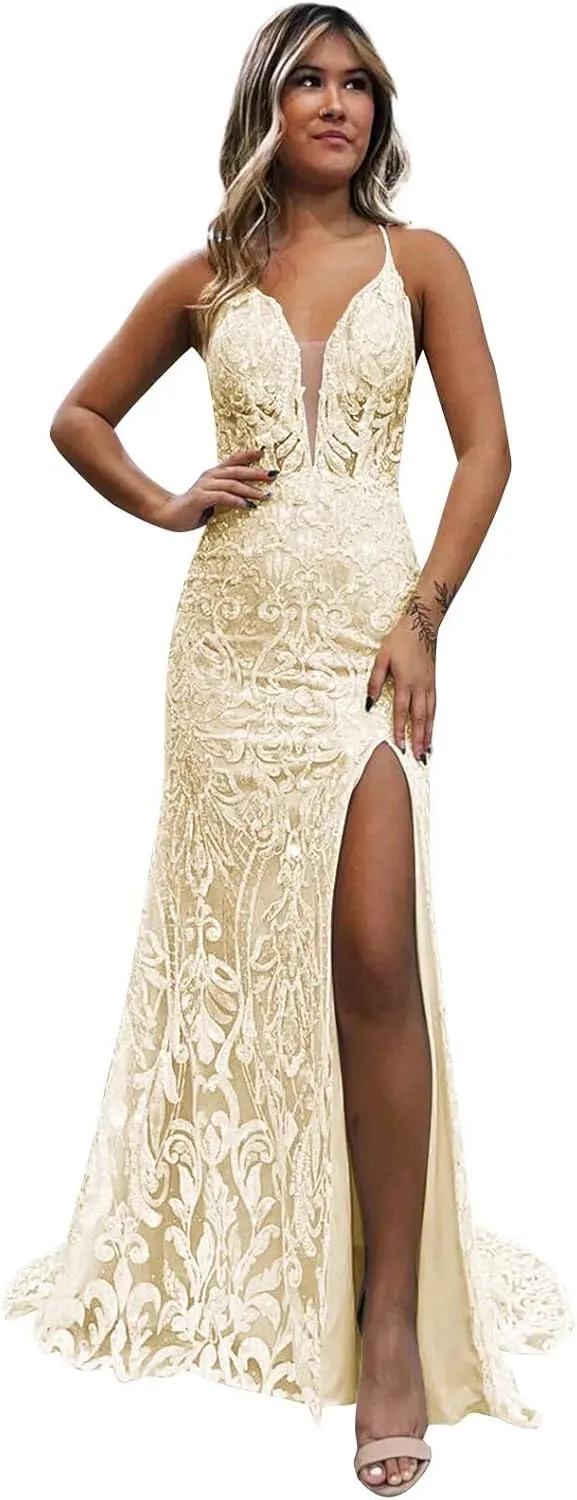 VCCICANY Sparkly Sequin Mermaid Prom Dresses for Women V Neck Lace Backless Long Evening Gown Formal Dresses with Slit