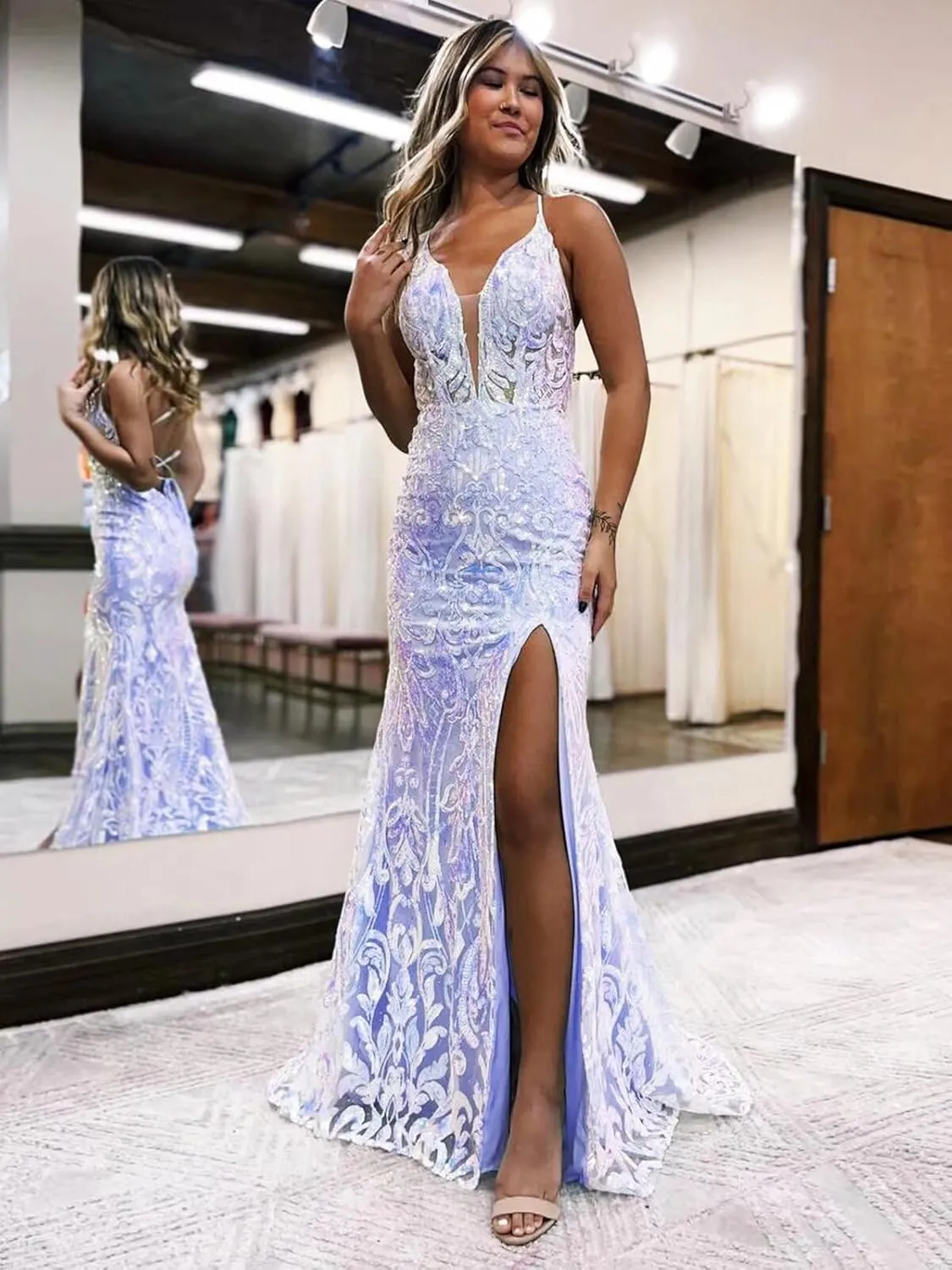 VCCICANY Sparkly Sequin Mermaid Prom Dresses for Women V Neck Lace Backless Long Evening Gown Formal Dresses with Slit