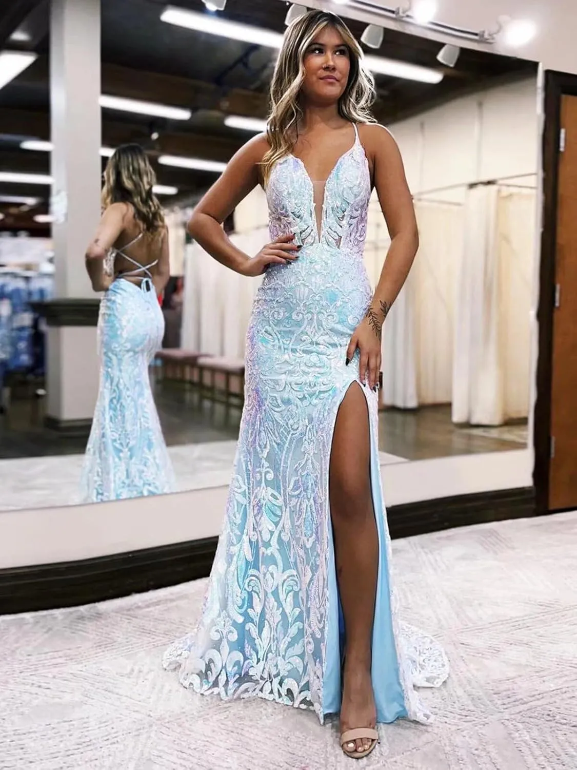 VCCICANY Sparkly Sequin Mermaid Prom Dresses for Women V Neck Lace Backless Long Evening Gown Formal Dresses with Slit