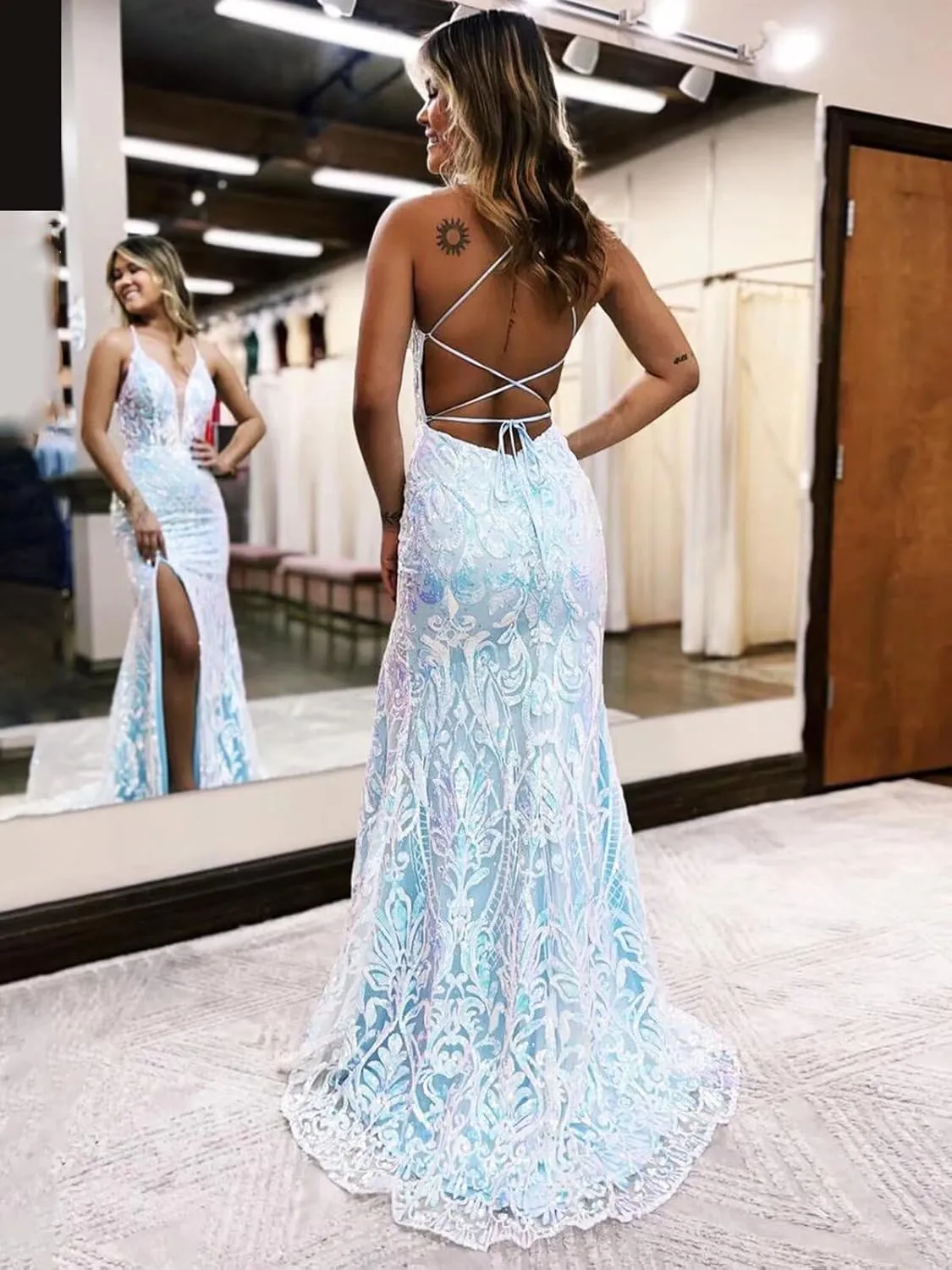 VCCICANY Sparkly Sequin Mermaid Prom Dresses for Women V Neck Lace Backless Long Evening Gown Formal Dresses with Slit