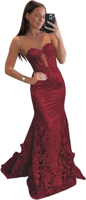 VCCICANY Strapless Mermaid Prom Dresses for Women 2025 Lace Appliques Tulle Corset Long Formal Evening Party Gowns