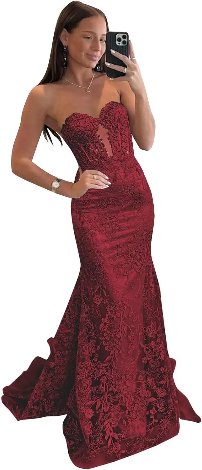 VCCICANY Strapless Mermaid Prom Dresses for Women 2025 Lace Appliques Tulle Corset Long Formal Evening Party Gowns