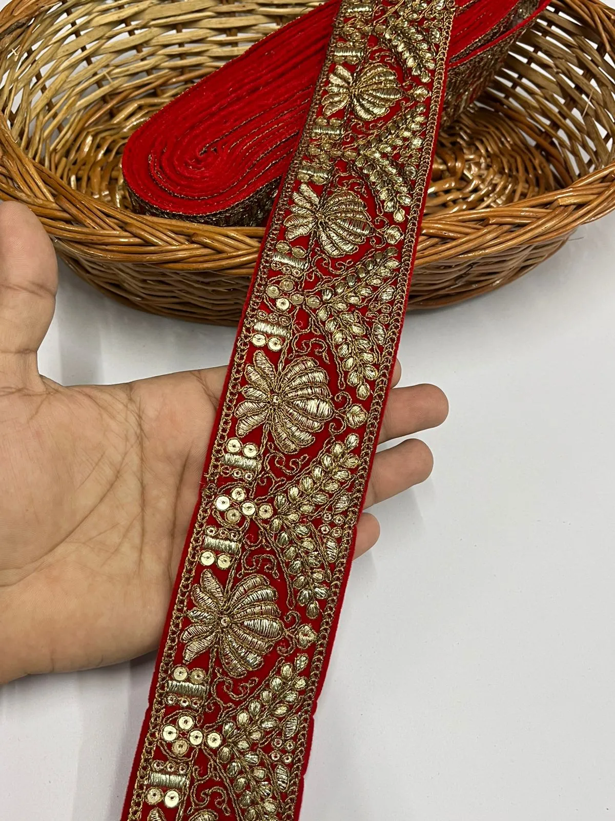 Velvet Lace Design with Zari Work Lace Reel for Dupatta, Kurtis, Suits, Bags, and Lehengas (9 Mtr) | Red