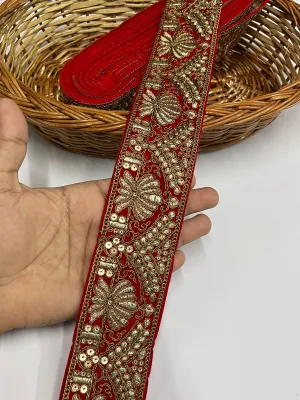 Velvet Lace Design with Zari Work Lace Reel for Dupatta, Kurtis, Suits, Bags, and Lehengas (9 Mtr) | Red