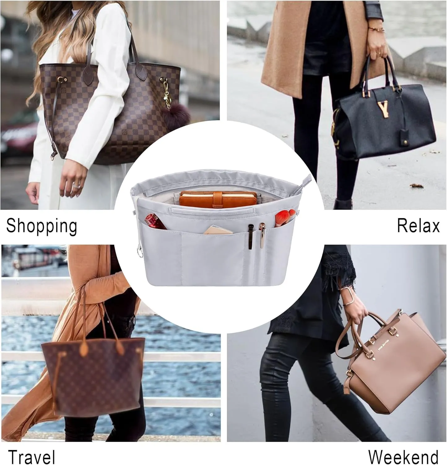 Vercord Purse Insert Organizers for Tote Handbag Bag in Bag with Zipper Liner Bag Organizer for Women 14 pockets