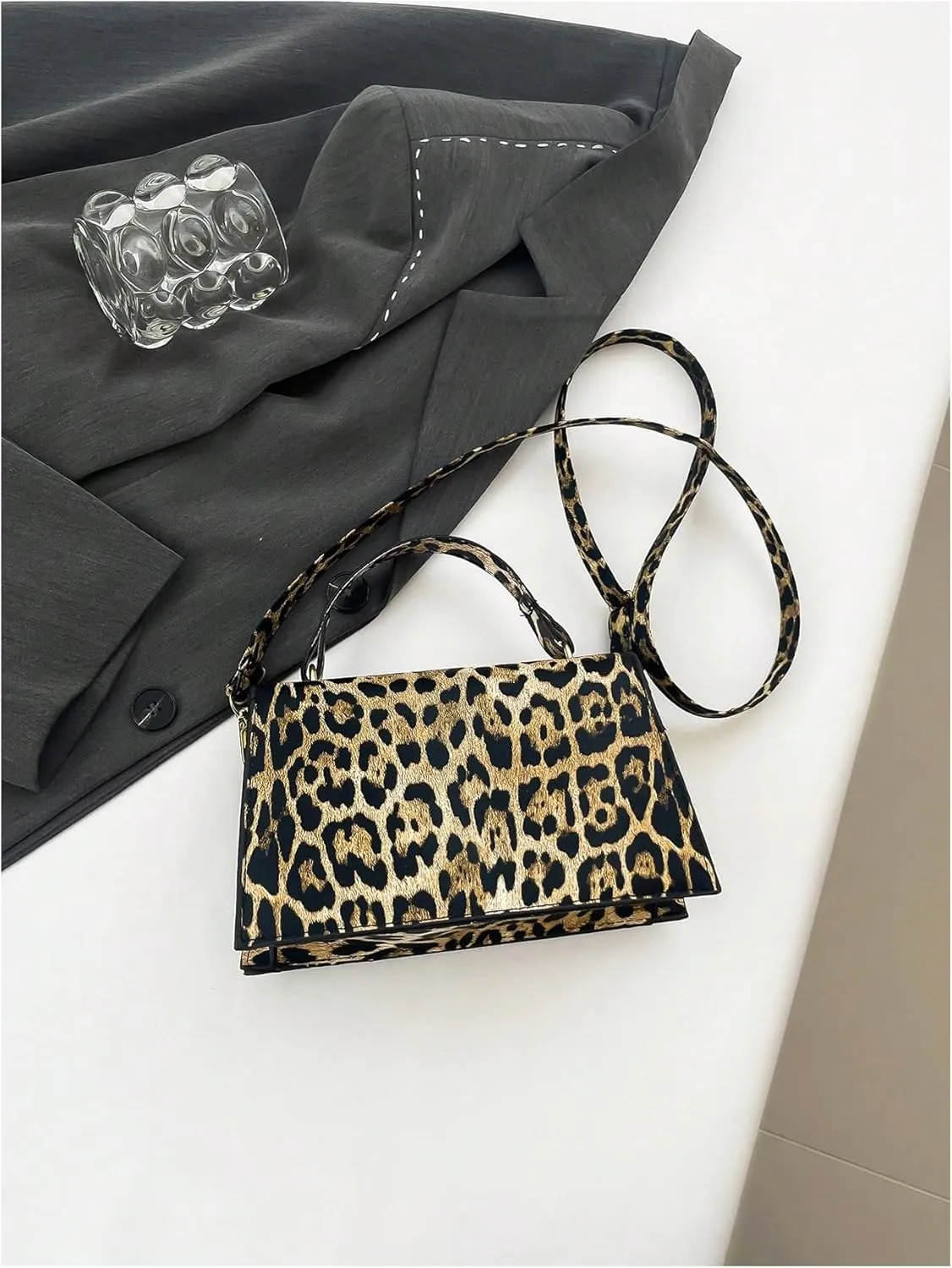 Verdusa Women's Leopard Print PU Leather Shoulder Handbags Pressed Flap Square Crossbody Bag