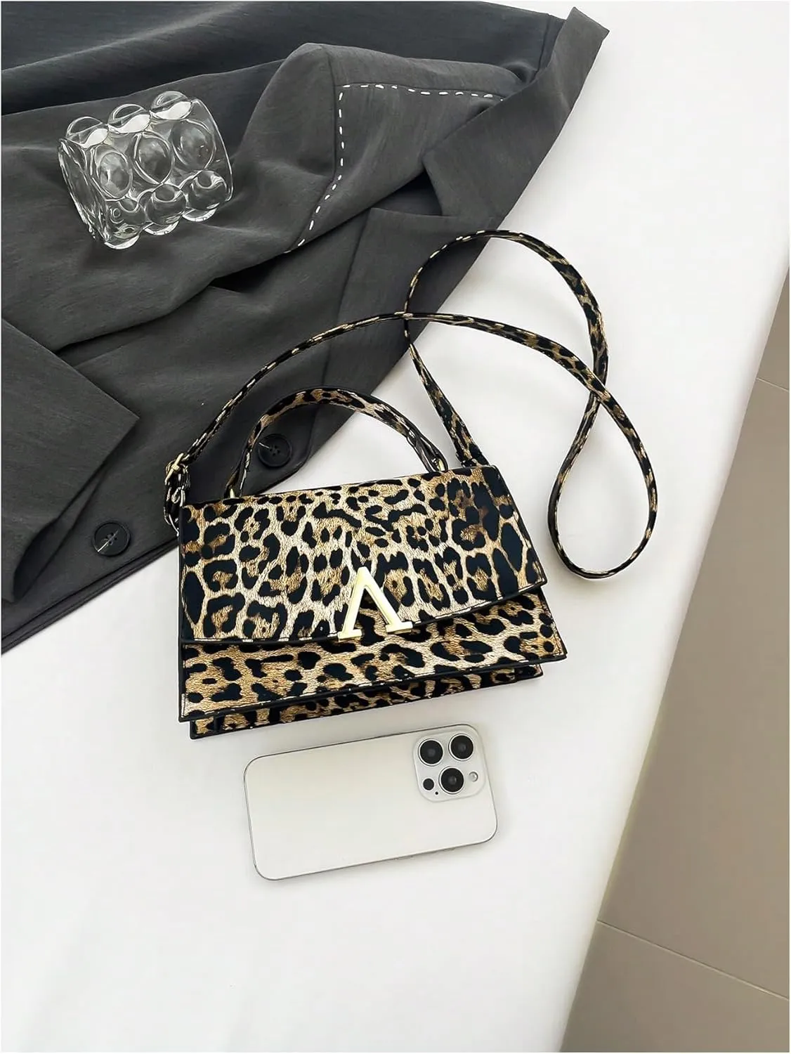 Verdusa Women's Leopard Print PU Leather Shoulder Handbags Pressed Flap Square Crossbody Bag