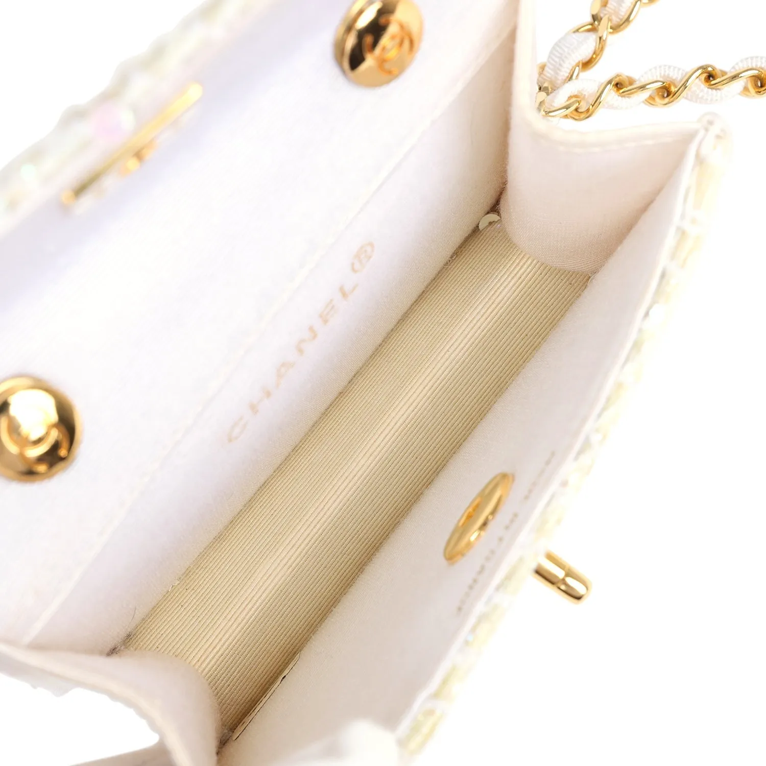 Vintage Chanel Micro Half Flap Iridescent Ivory Sequin Gold Hardware