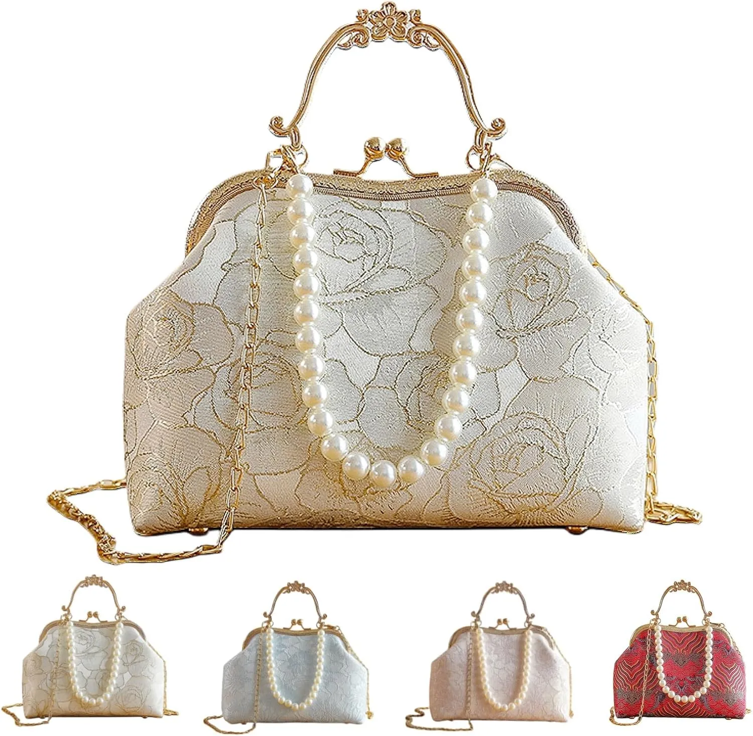 Vintage Chinese Lace Embroidery Pearl Crossbody Bag Evening Bag with Chain Strap for Women
