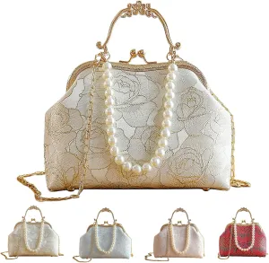 Vintage Chinese Lace Embroidery Pearl Crossbody Bag Evening Bag with Chain Strap for Women