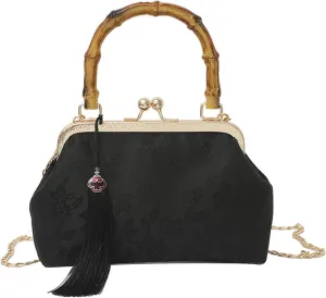 Vintage Embroidered Flower Handbag, Flower Embroidery Rustic Shoulder Bag, Kiss Lock Closure Bag for Women