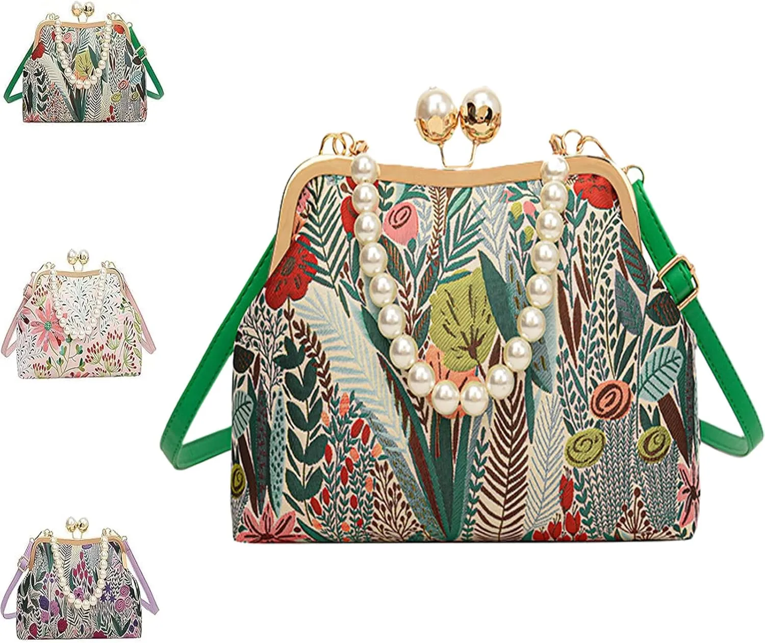Vintage Embroidered Flower Handbag, Retro Pearl Chain Crossbody Bag, Flower Embroidery Rustic Shoulder, Suitable For Women