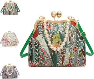 Vintage Embroidered Flower Handbag, Retro Pearl Chain Crossbody Bag, Flower Embroidery Rustic Shoulder, Suitable For Women