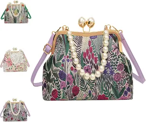 Vintage Embroidered Flower Handbag, Retro Pearl Chain Crossbody Bag, Flower Embroidery Rustic Shoulder, Suitable For Women