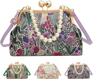 Vintage Embroidered Flower Handbag, Retro Pearl Chain Crossbody Bag, Pearl Crossbody Bag With Kiss Lock For Women