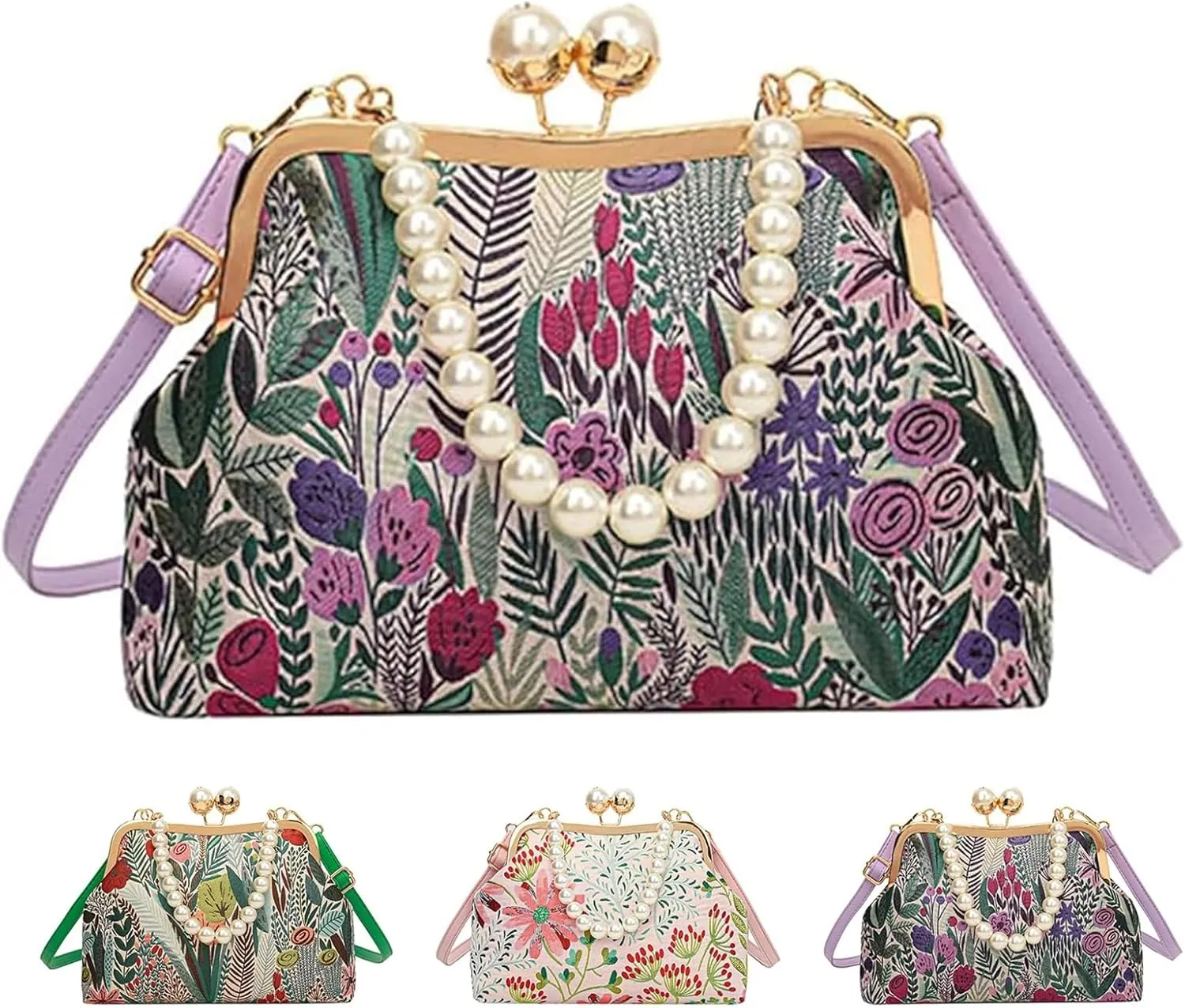 Vintage Embroidered Flower Handbag, Retro Pearl Chain Crossbody Bag, Pearl Crossbody Bag With Kiss Lock For Women