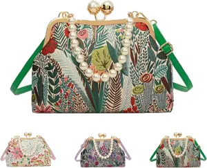 Vintage Embroidered Flower Handbag, Retro Pearl Chain, Flower Embroidery Rustic Shoulder Bag with Kiss Lock Closure