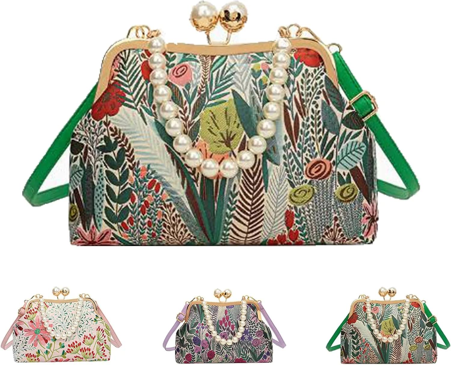 Vintage Embroidered Flower Handbag, Retro Pearl Chain, Flower Embroidery Rustic Shoulder Bag with Kiss Lock Closure